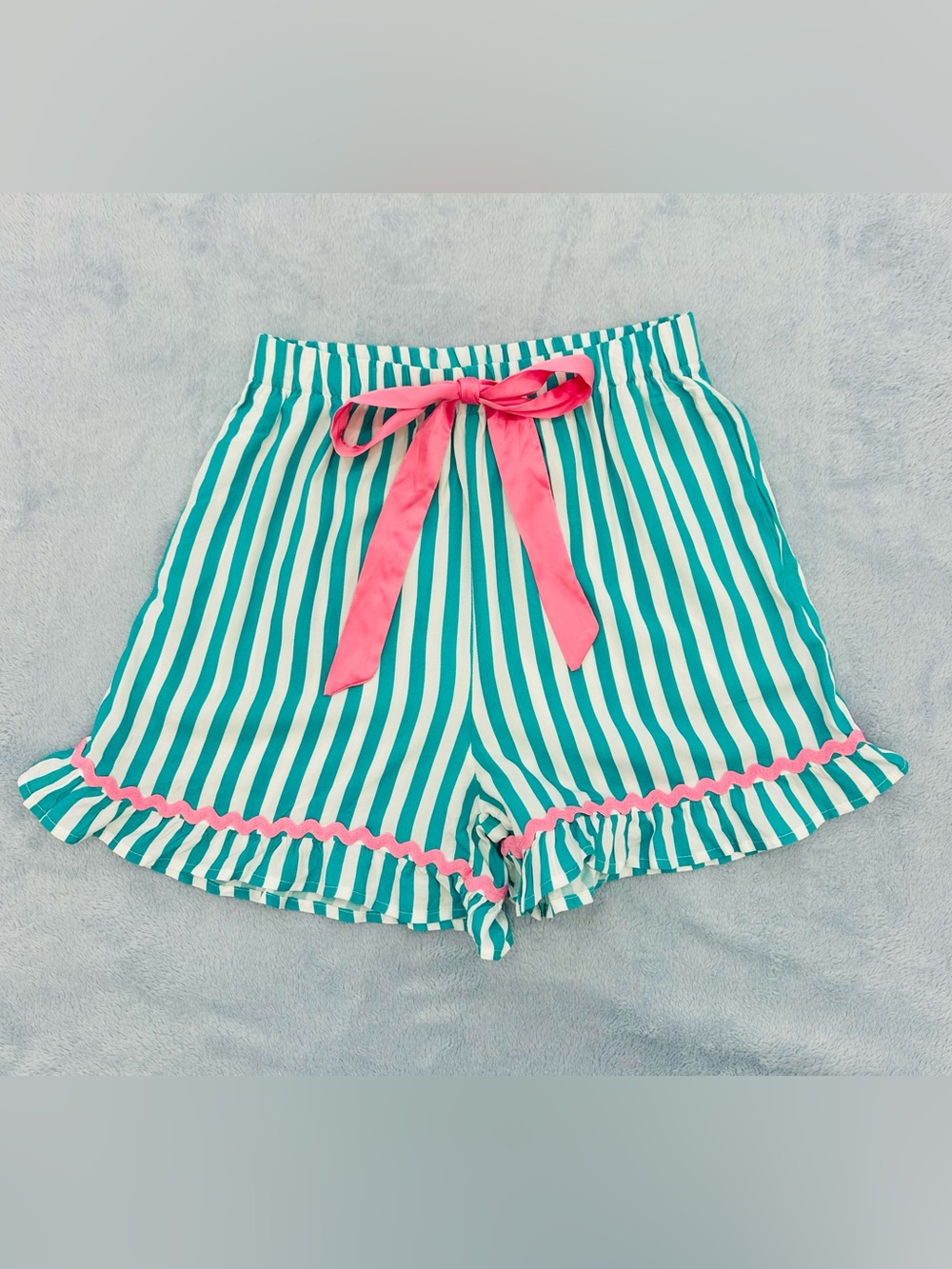 Striped Green & White Ruffle Shorts with Pink Tie